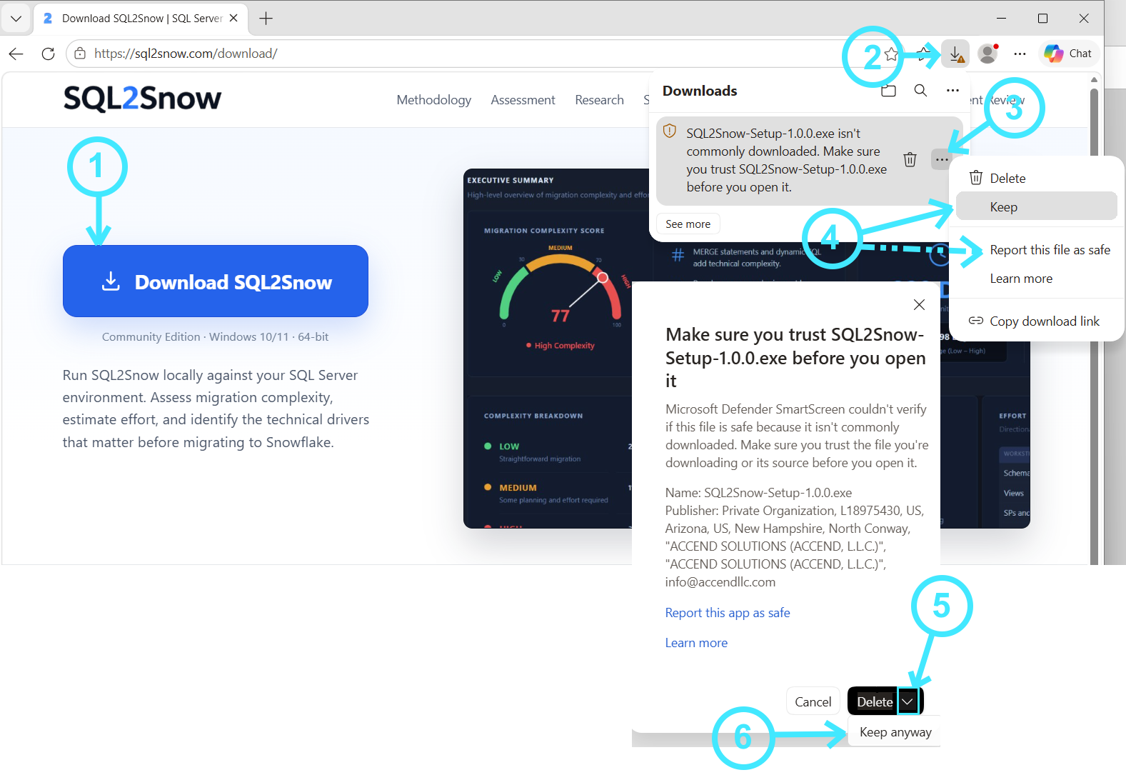 Annotated Microsoft Edge screenshot showing six numbered steps to keep the SQL2Snow installer download